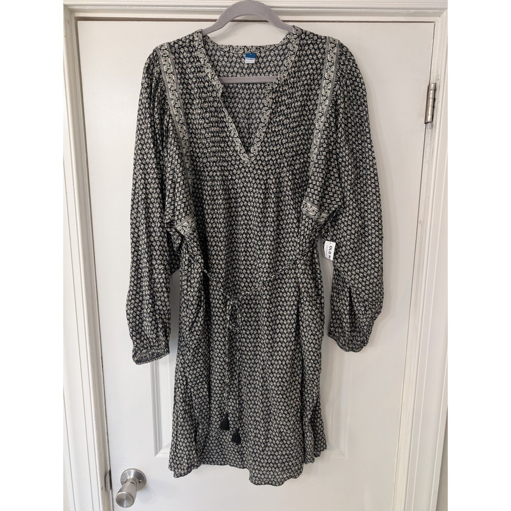 Old Navy Womens XL LS Swing Print Dress Black White Floral V-Neck Pockets Boho